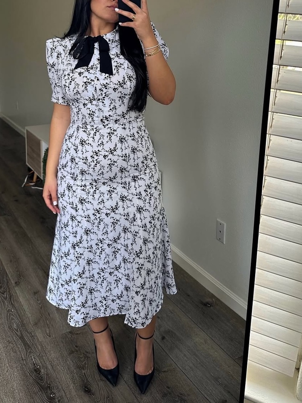 Midi Dress with Black Floral Print and Bow Tie